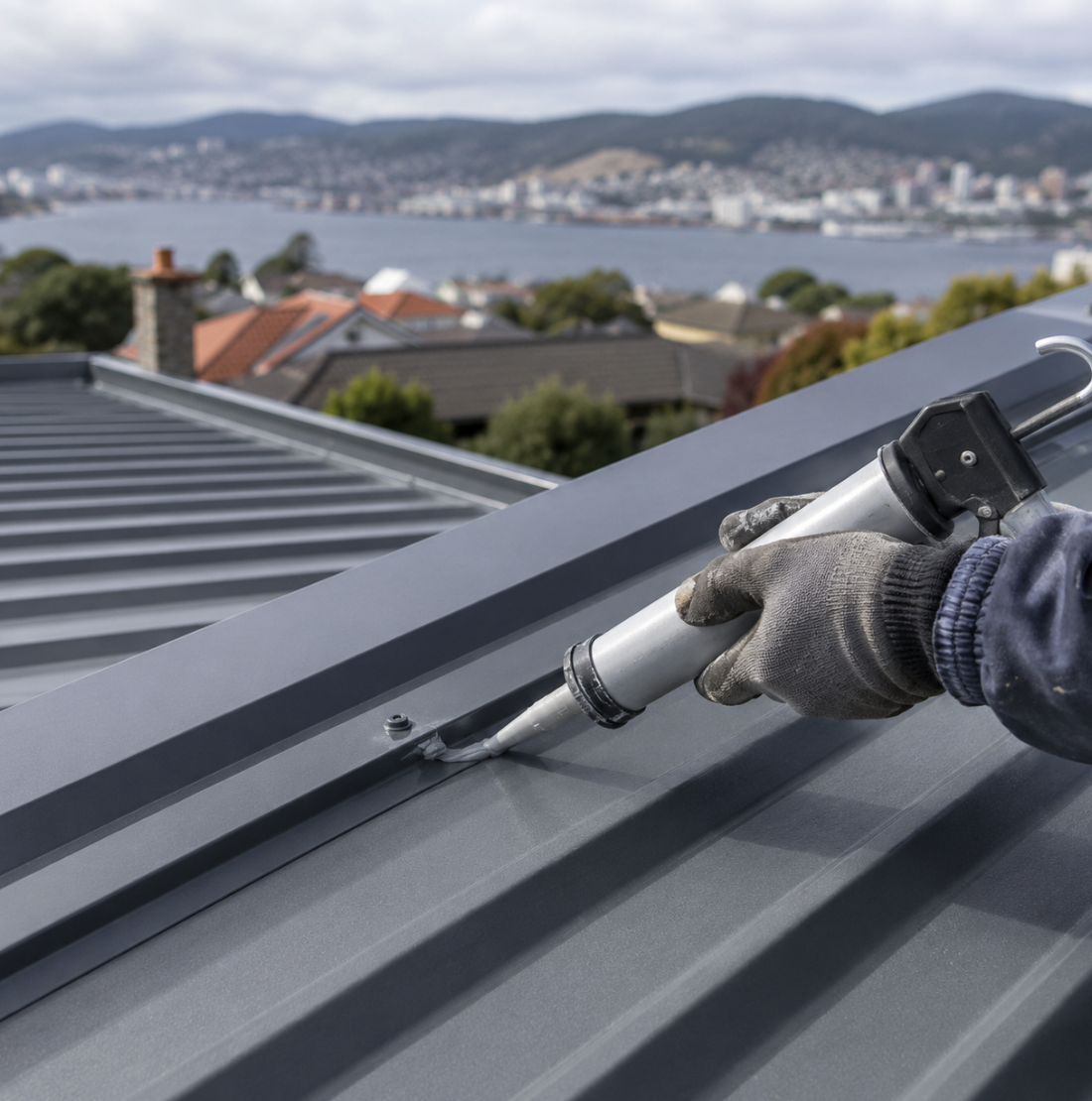 A worker sealing a metal roof panel with a caulk gun, with a view of residential houses, water, and distant mountains in the background.