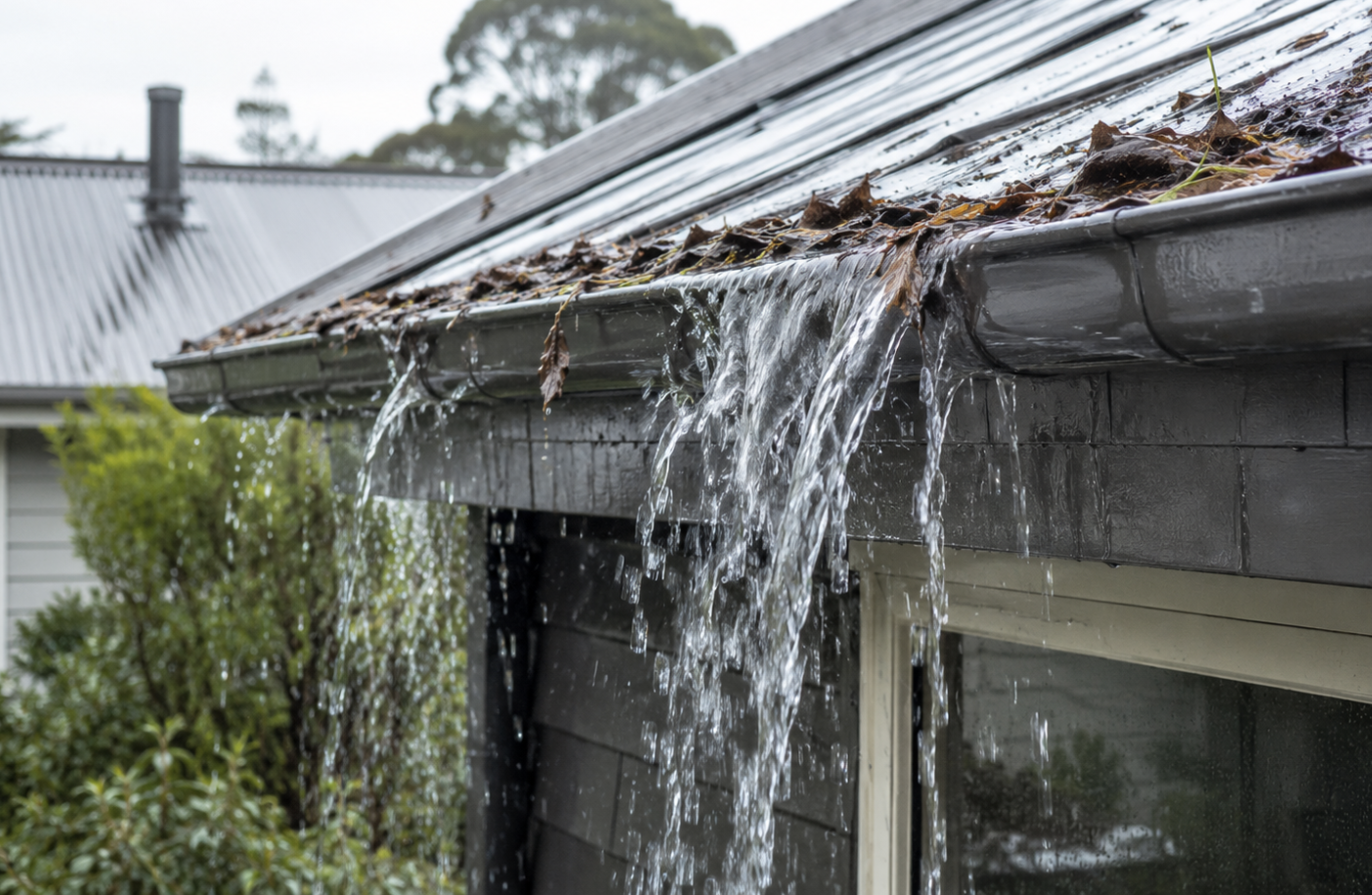Blocked gutter overflowing during rain on a Moonah property needing gutter cleaning