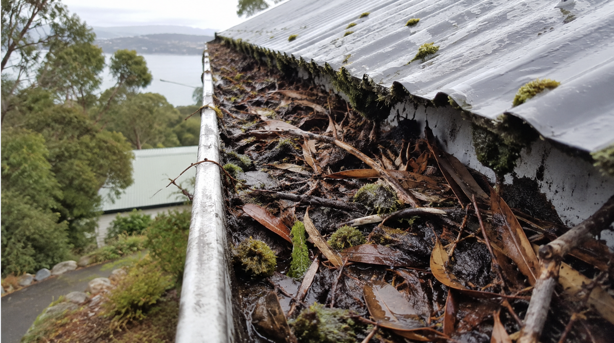 Rain-soaked gutter filled with fallen leaves, moss, and debris in Richmond and needs gutter cleaning, with a background of lush green trees and a body of water.
