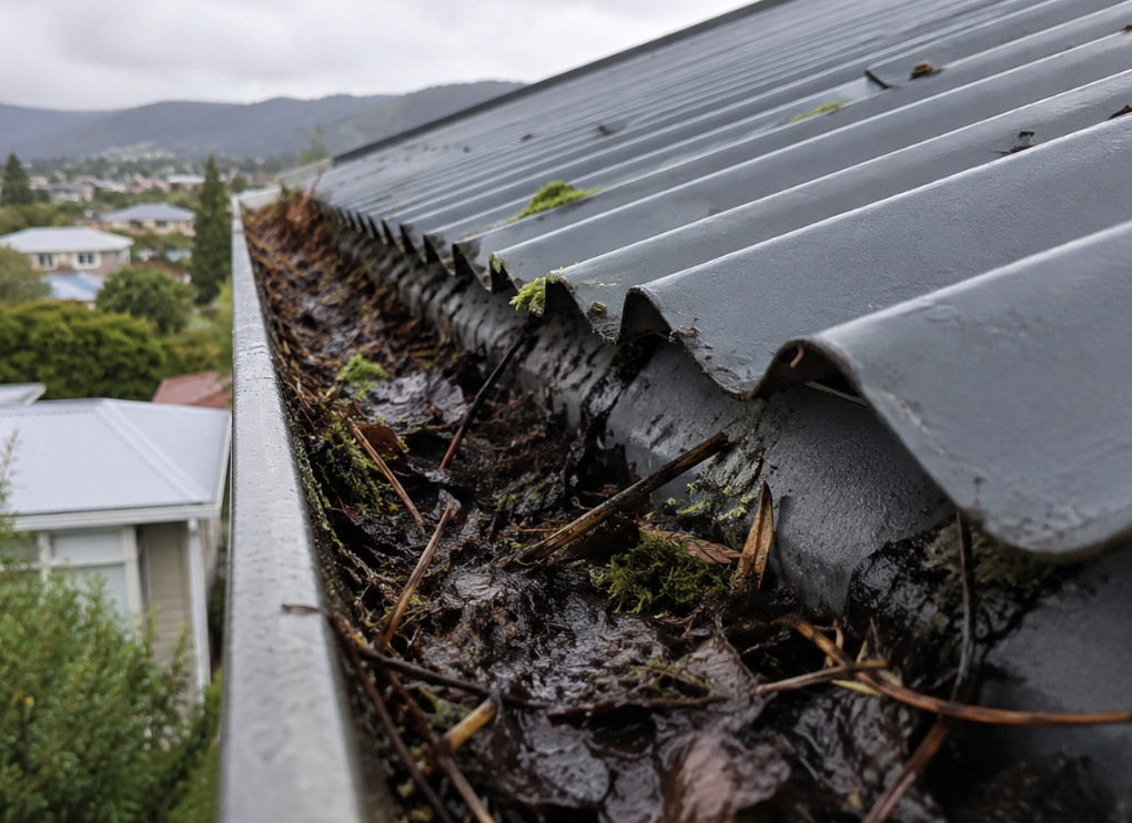 Close-up of blocked gutter in Glenorchy area filled with leaves, moss and roof debris.