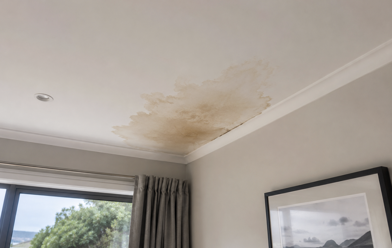 Ceiling water stain inside a Taroona home caused by a roof leak needing repair