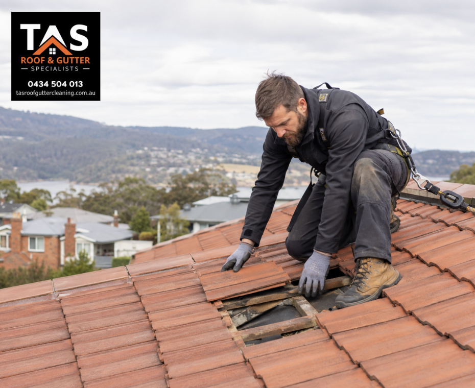 Roof repair specialist inspecting and repairing terracotta roof tiles on a Hobart home
