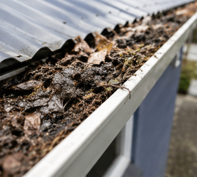 Blocked gutter before cleaning in Launceston, Tasmania
