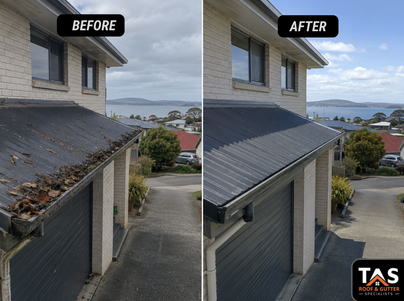 Before and after gutter cleaning showing debris removal from a Devonport home
