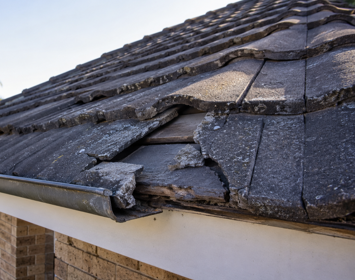Broken roof tiles near the gutter on a Taroona home needing roof repairs