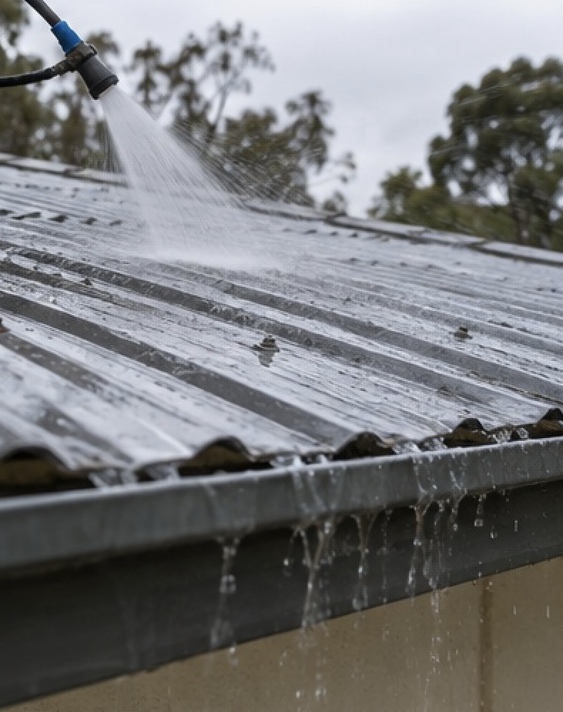 Roof water testing on a metal roof to locate the source of a leak before roof leaking repair in Kingston.