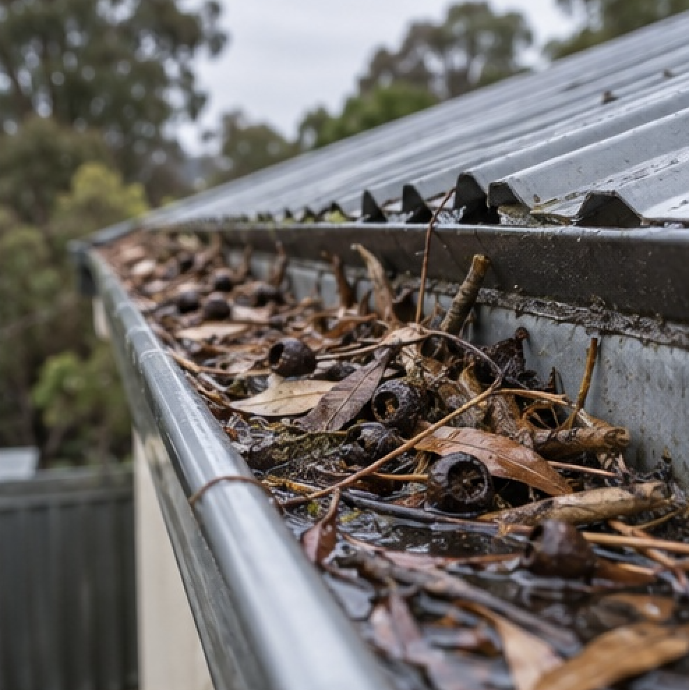 Blocked gutter filled with wet leaves and debris that may contribute to roof leaking problems in Kingston.