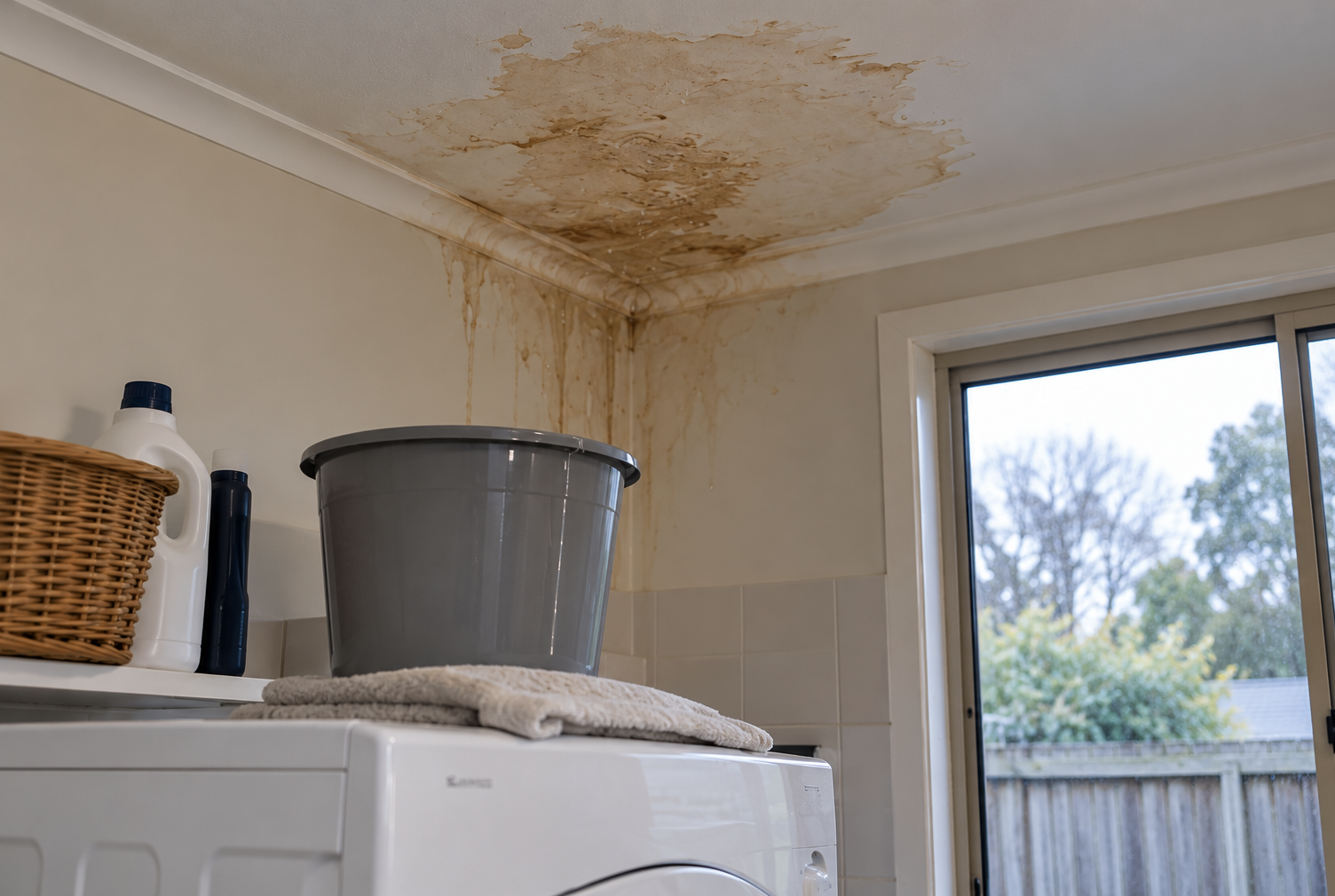 Water-stained laundry ceiling showing signs of a roof leak requiring roof leaking repair in Kingston.