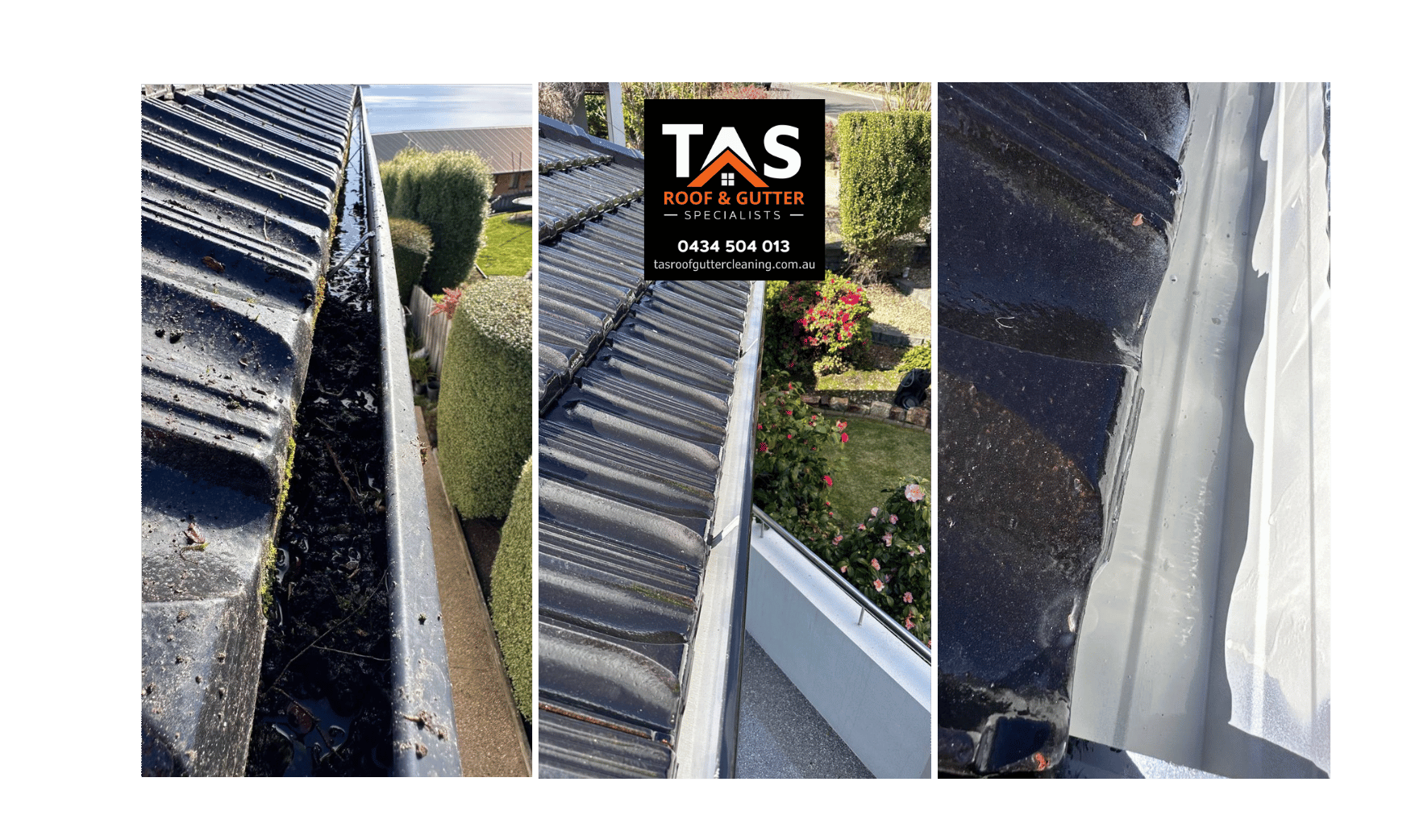 Professional gutter cleaning in Hobart showing blocked and dirty gutters before cleaning and a clean gutter result after service.