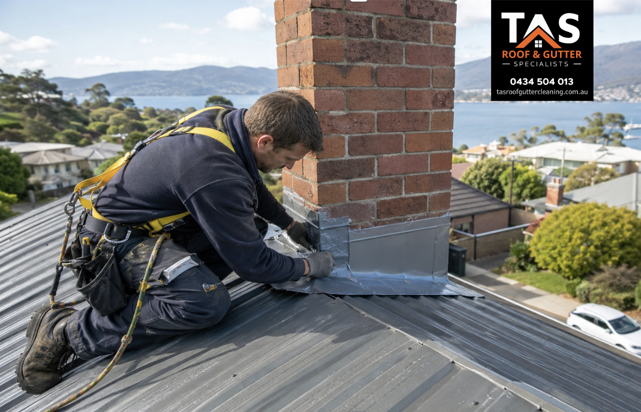 Roof repair specialist fixing chimney flashing on a Taroona home by TAS Roof & Gutter Cleaning