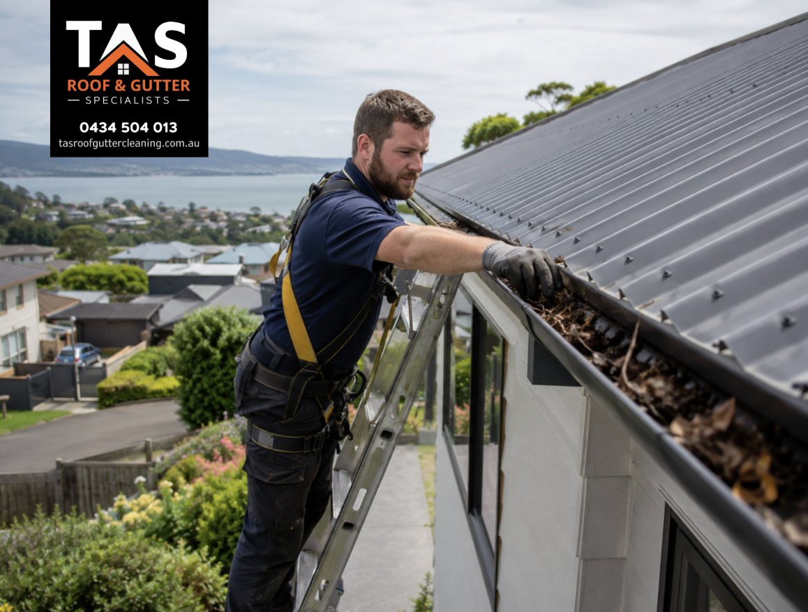 Gutter cleaning specialist removing leaves from a residential roof in Devonport
