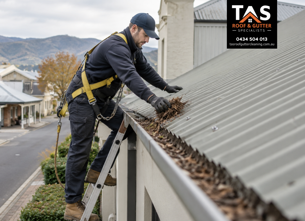 Professional gutter cleaning in New Norfolk with technician clearing leaves and roof debris from a residential gutter