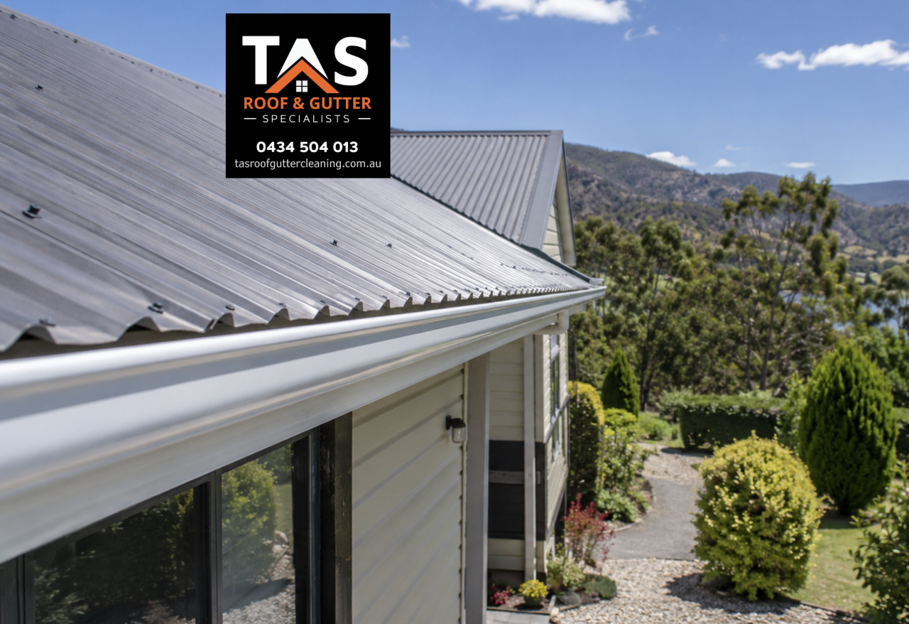 Clean roofline and clear gutters after gutter cleaning and maintenance on a New Norfolk property