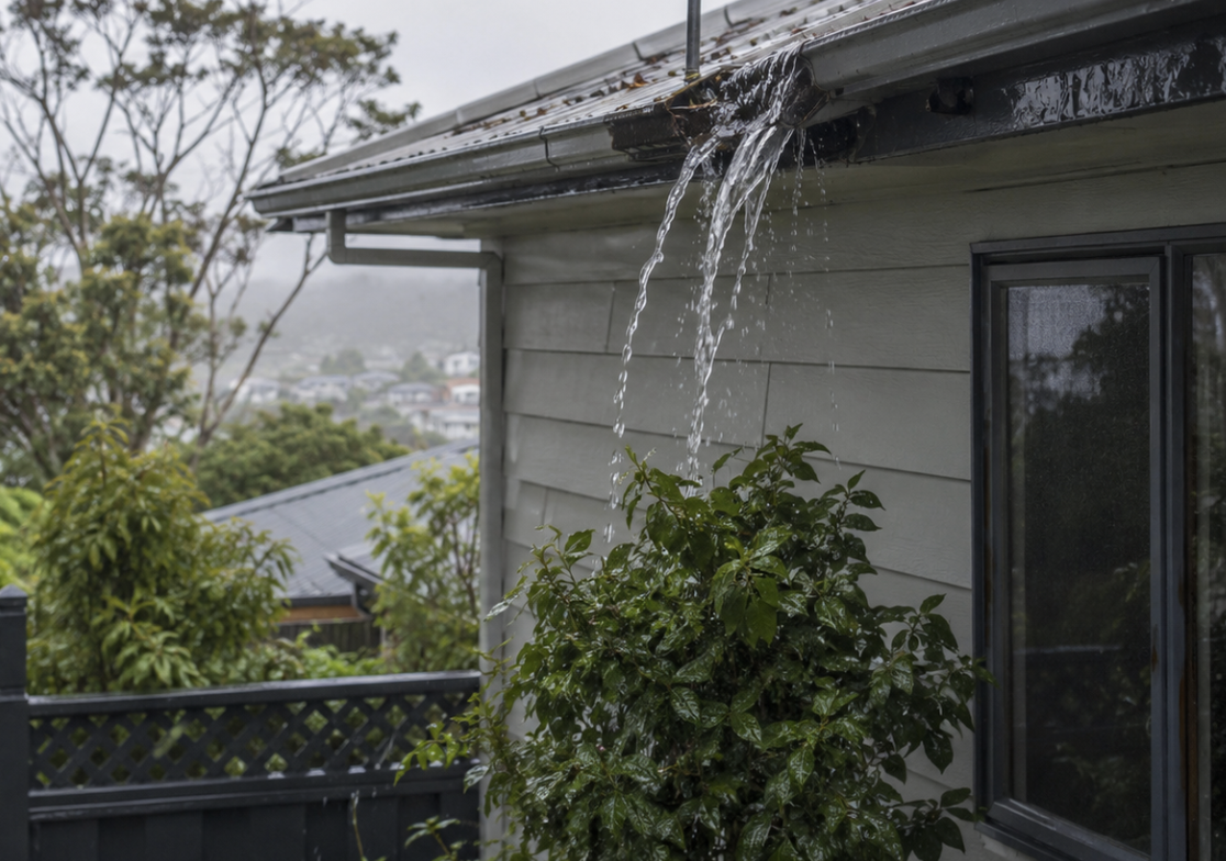 Water leaking intensively from the gutter onto a green bush outside a house in Hobart with gray siding and a window. Overflowing gutter on a Taroona home during heavy rain