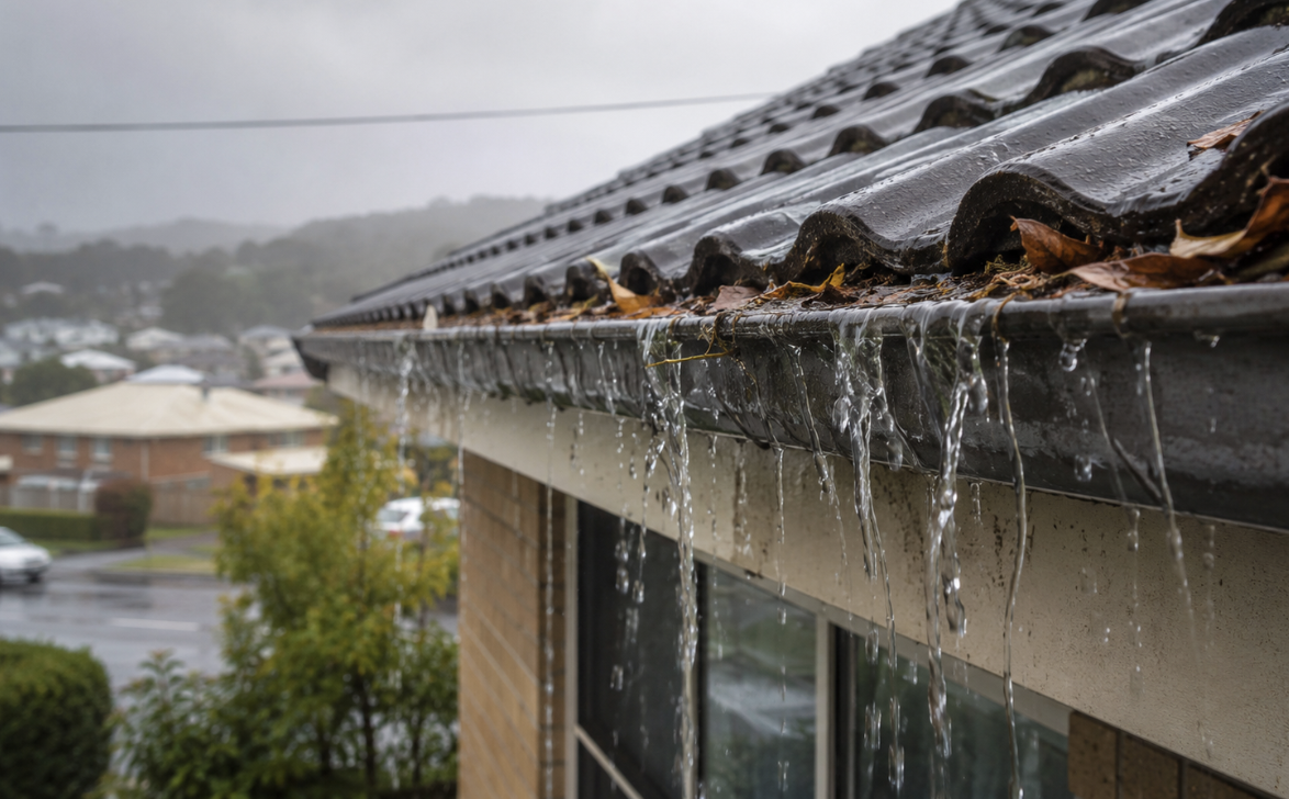 Rainwater dripping from a tiled roof onto a house wall beneath cloudy sky
