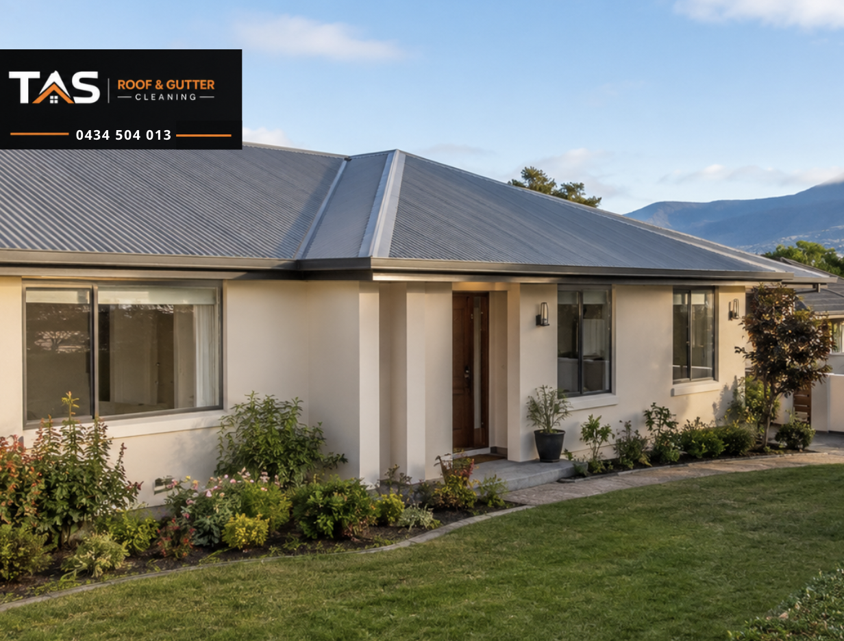 Exterior view of a modern house with a garden, metal roof, and large windows, featuring an advertisement for TAS Roof & Gutter Cleaning with phone number 0434 504 013.