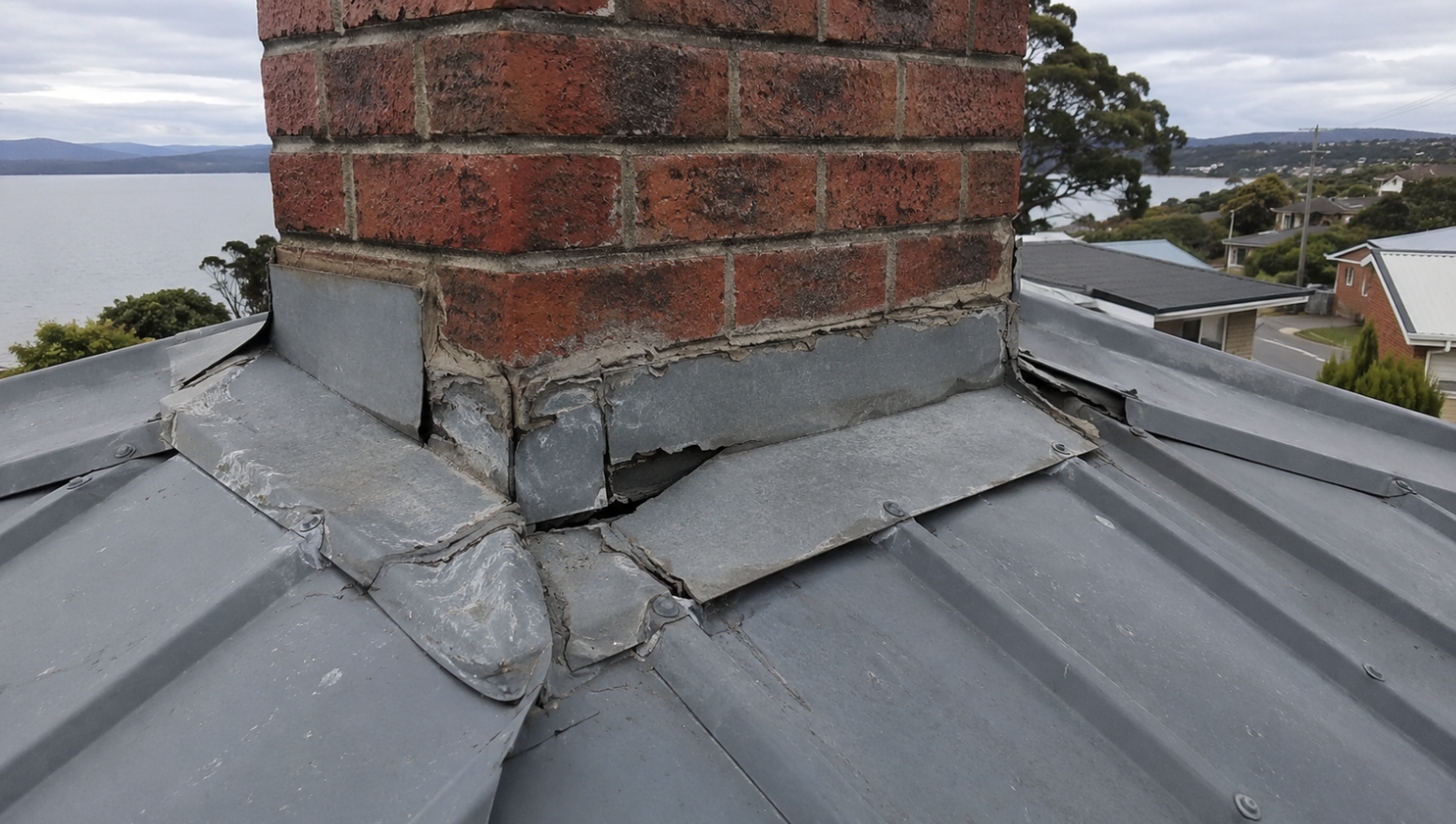Damaged chimney flashing on a Taroona roof causing possible roof leak issues
