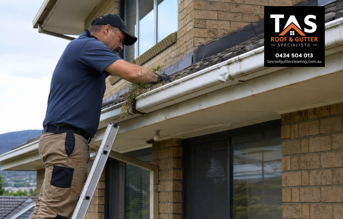 TAS Roof & Gutter Cleaning removing grass and debris from blocked gutters on a New Norfolk home