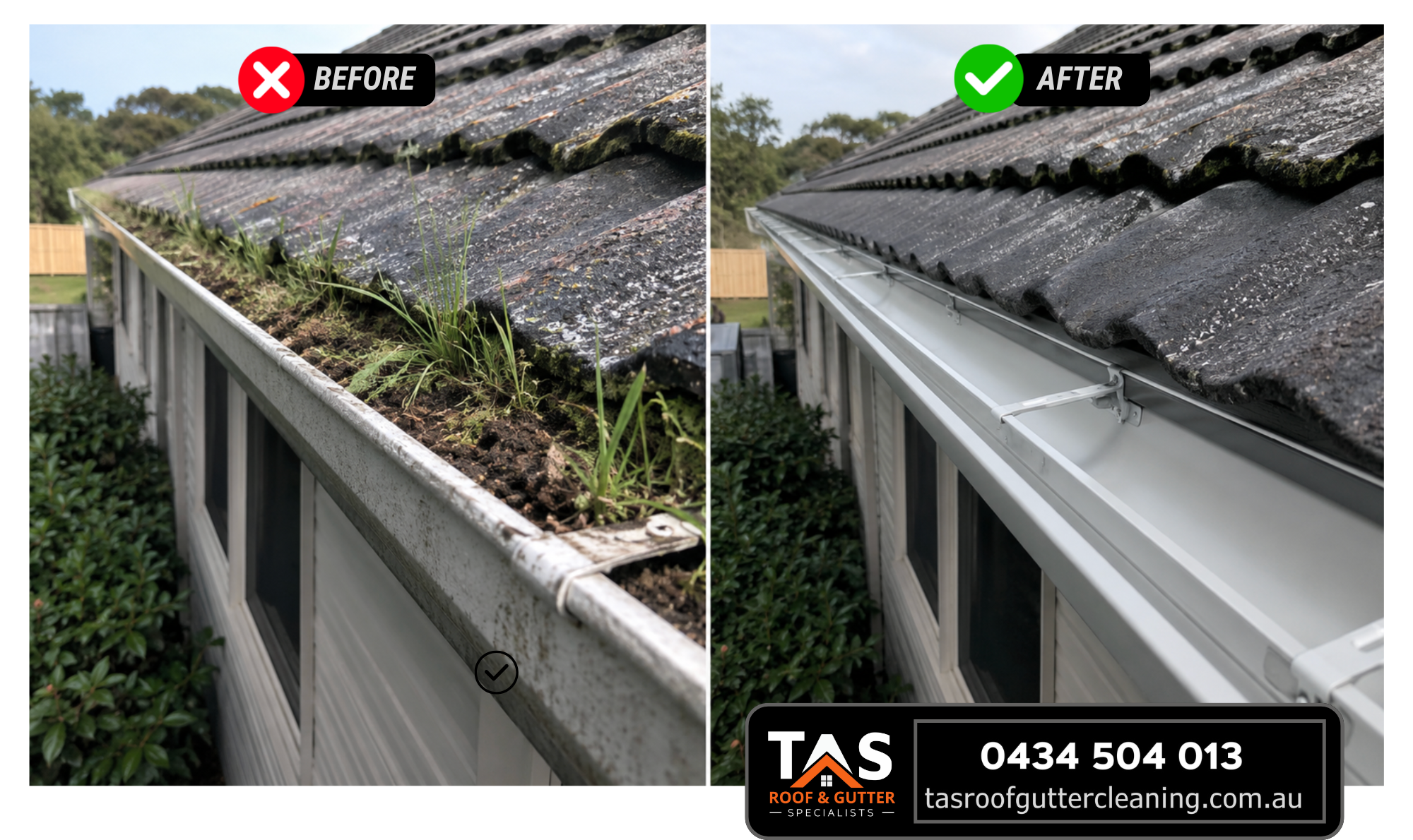 Before and after gutter cleaning in New Norfolk showing grass-filled blocked gutters cleaned and repaired