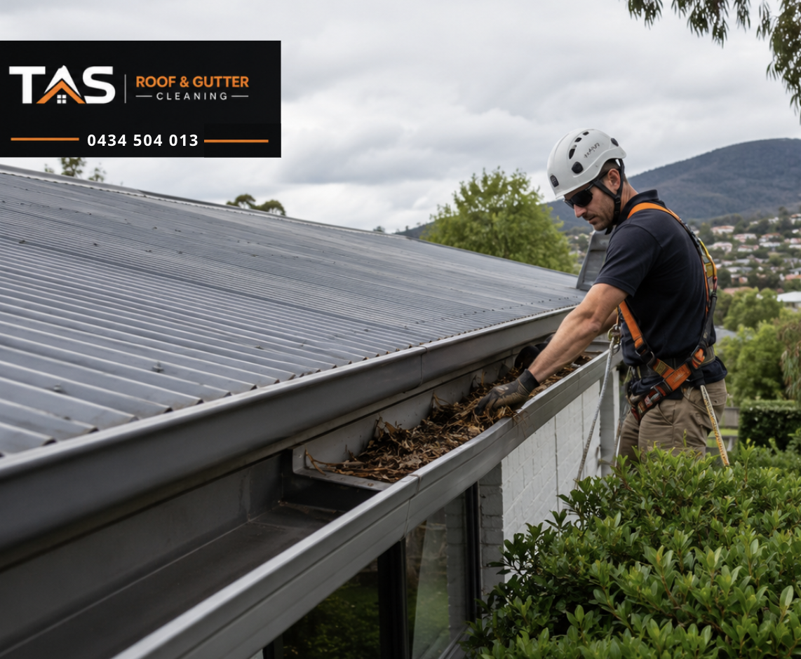 Roof worker safely cleaning gutters on a Glenorchy house, Hobart