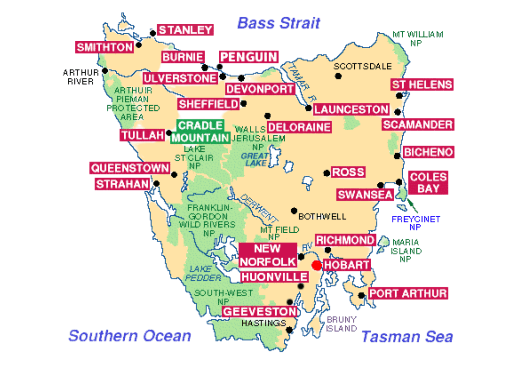 Map of Tasmania showing major areas for gutter cleaning service, roof washing, with surrounding bodies of water labeled. Major cities include Hobart, Launceston, and Burnie. National parks include Cradle Mountain, Freycinet, and Tasmania Wilderness.