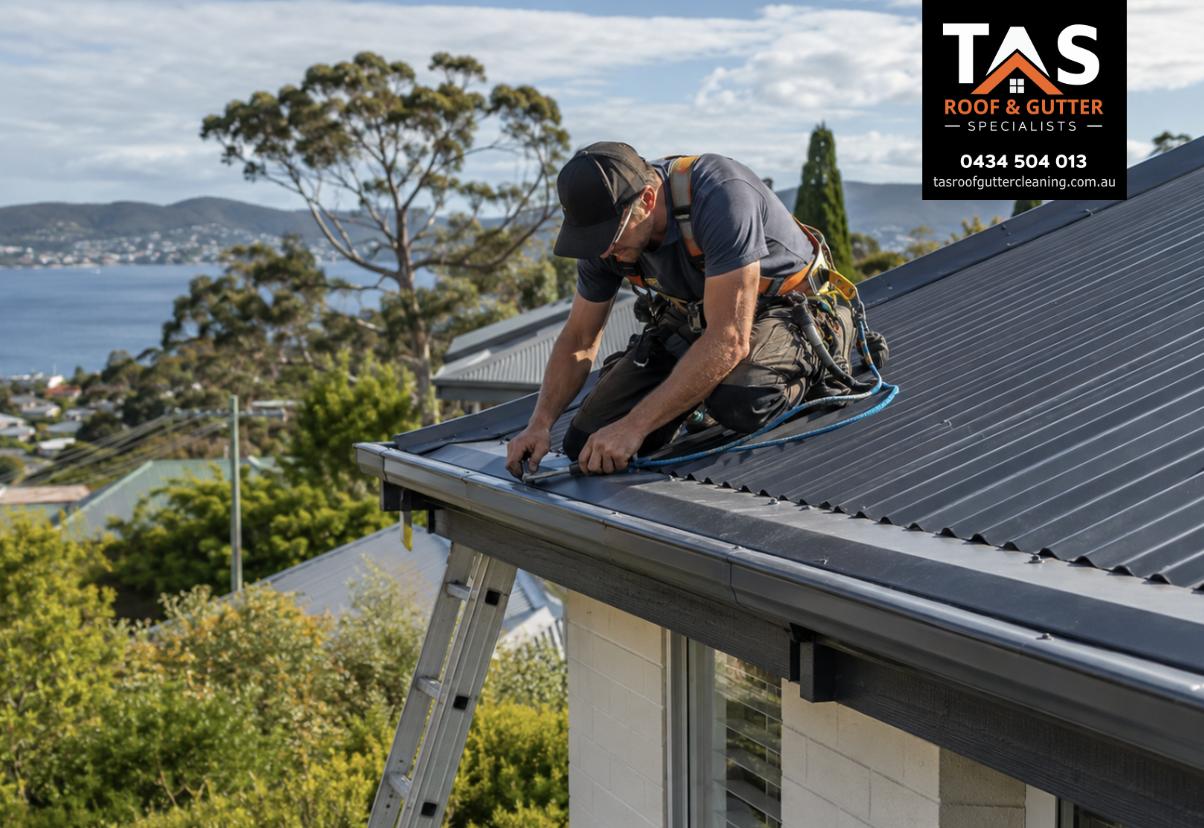TAS Roof & Gutter Cleaning technician repairing roof edge and gutter area on a Taroona home