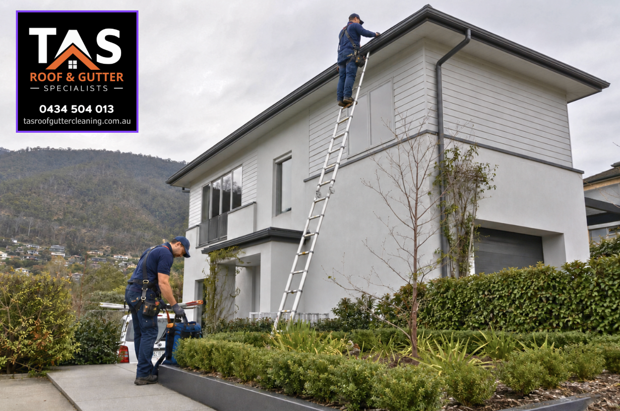 Two-person team completing eaves gutter cleaning on a two-storey Hobart property.