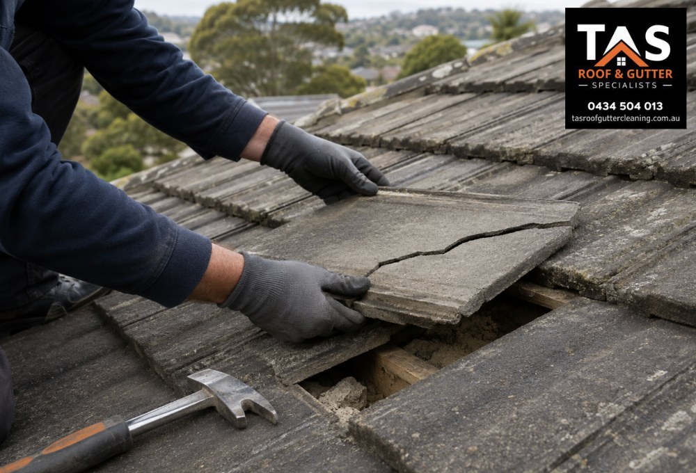 Roofer removing a cracked concrete roof tile during residential roof repairs in Hobart