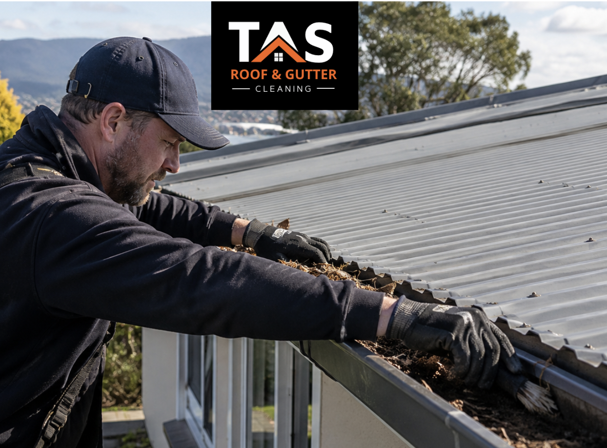 TAS Roof & Gutter Cleaning technician clearing leaves and debris from gutters in Moonah