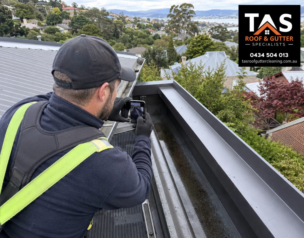 A roofer in a black cap, navy hoodie, and black gloves taking a photo with a smartphone on a metal roof with a scenic suburban landscape and distant water body in the background. Logo for TAS Roof & Gutter Specialists is in the upper right corner.