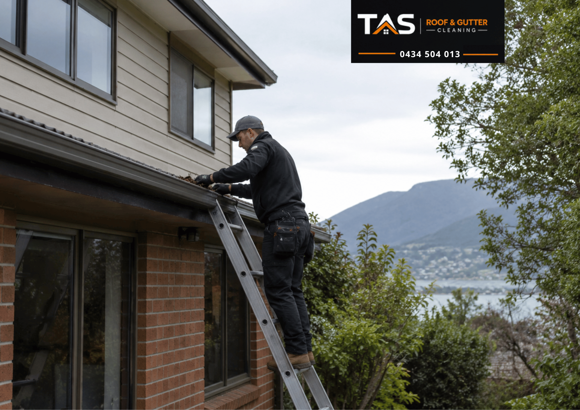 Specialist safely cleaning gutters on a Glenorchy property with a two-storeys.