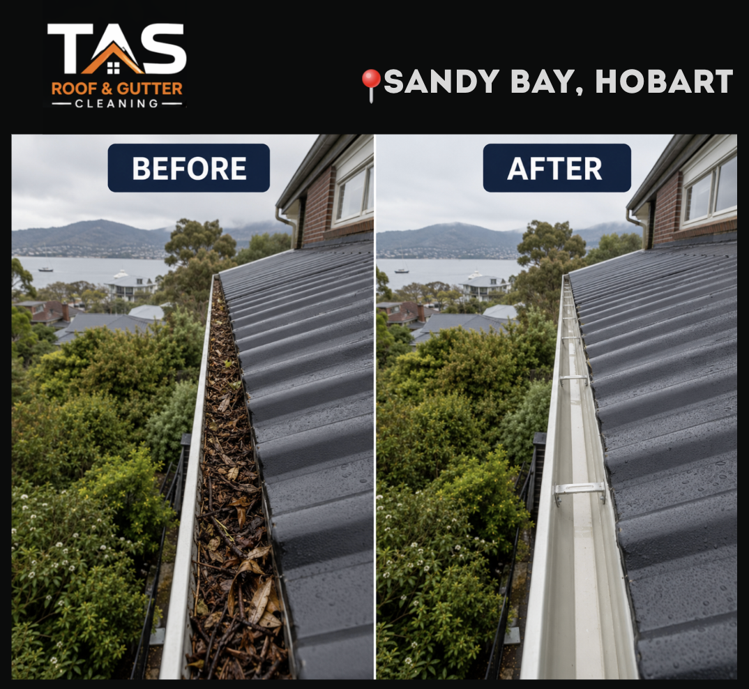 Professional gutter cleaning in Sandy Bay, Hobart, Tasmania, with before and after views showing accumulated leaves and debris cleared from the gutter.