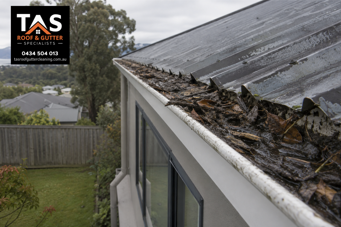 Gutter blocked with wet leaves, mud and debris on a home in Margate, Tasmania
