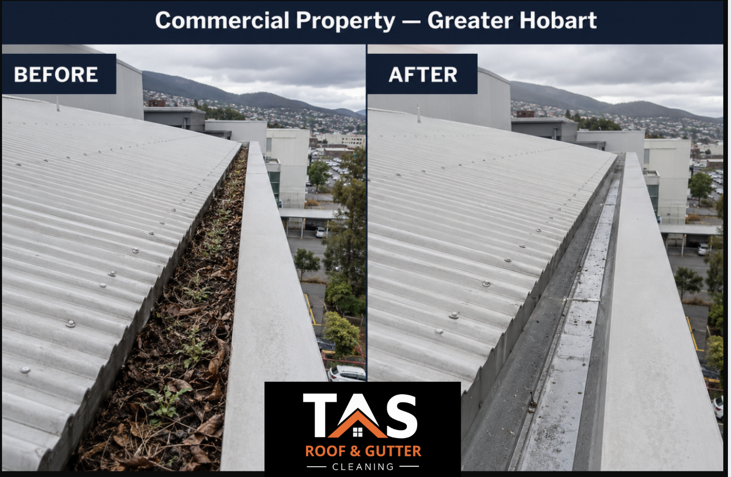 Commercial roof and gutter cleaning in Hobart, Tasmania, with before and after views showing accumulated leaves and debris cleared from the gutter system.