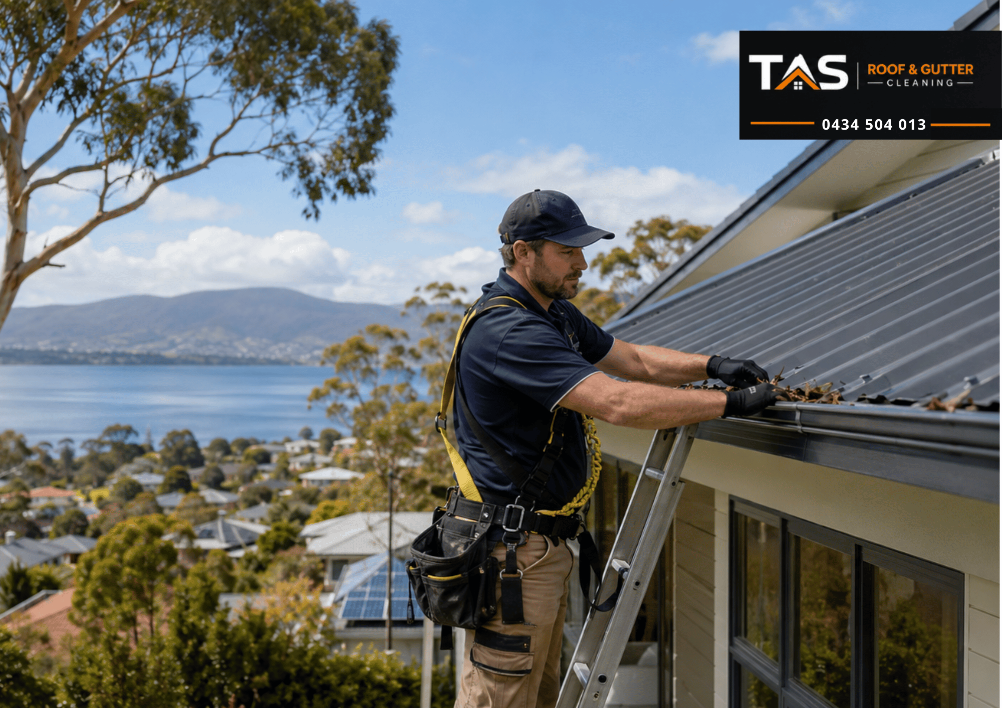Specialist cleaning gutters on a Taroona home with Derwent River views