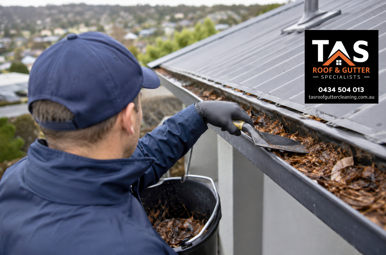 Close-up of a gutter specialist removing wet leaves and debris from an eaves gutter in Hobart.