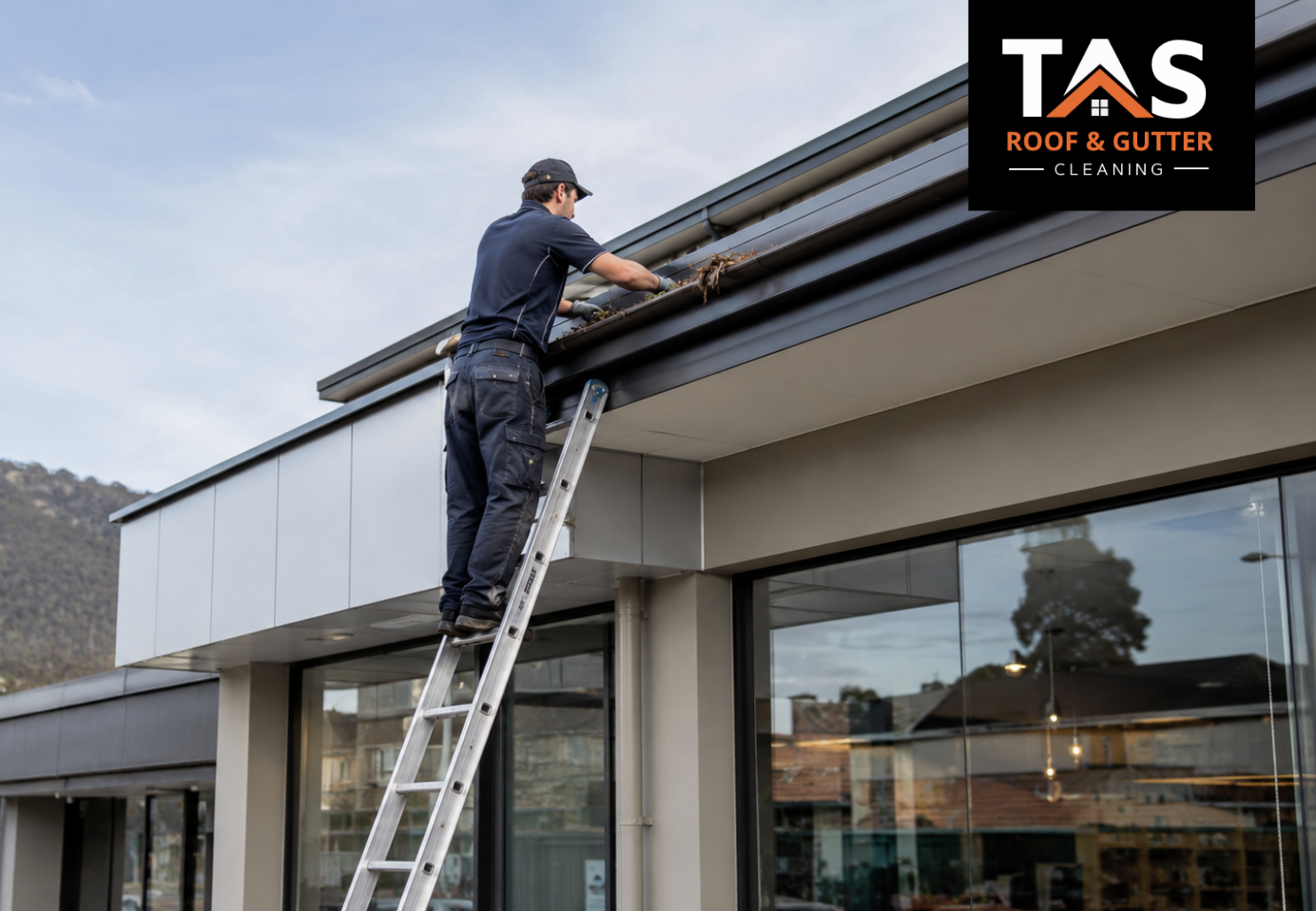Commercial gutter cleaning in Moonah for shopfronts, offices and business properties Hobart area