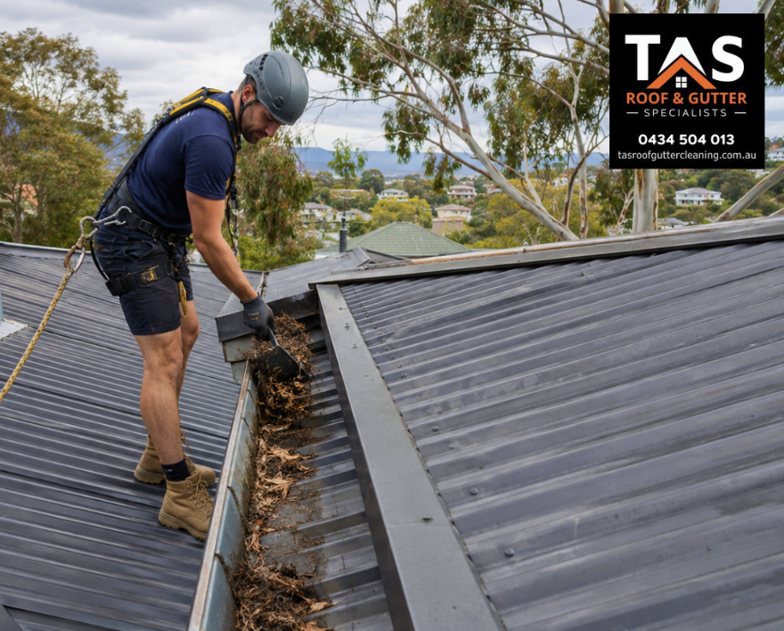 Roof specialist removing leaves and debris from an internal box gutter on a residential Hobart roof.