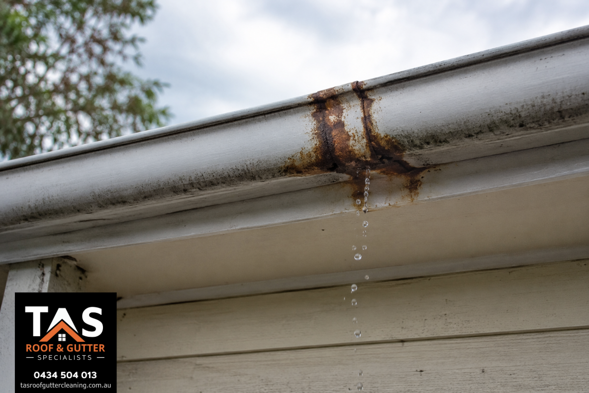 Rusted gutter joint leaking water on a residential home in Margate, Tasmania