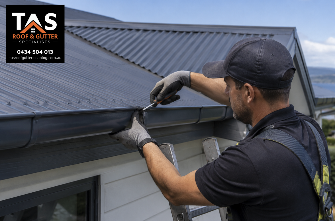 Gutter specialist repairing a damaged gutter joint on a residential roof in Margate