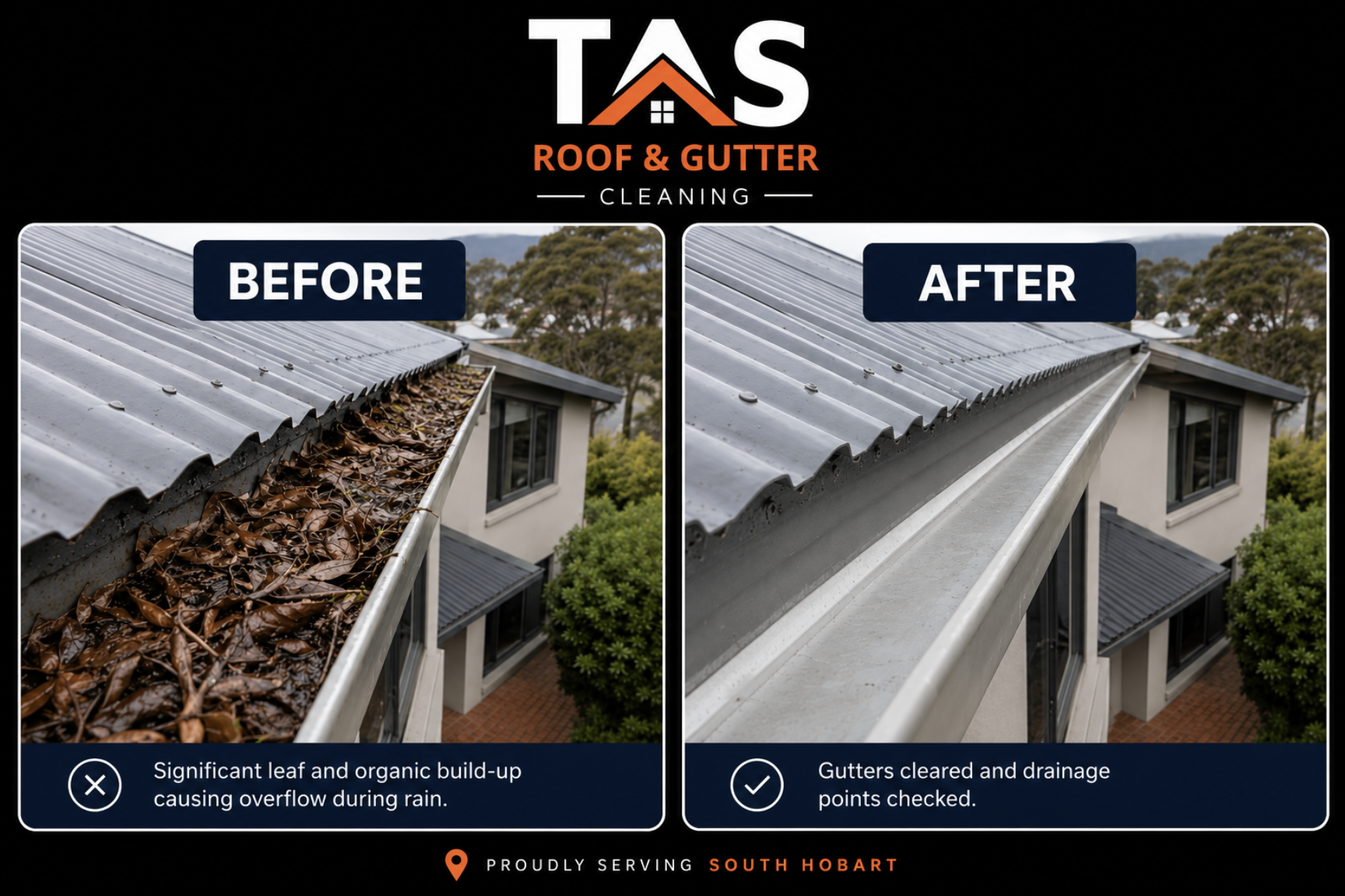 Before and after gutter cleaning on a two-storey home in South Hobart, showing heavy leaf build-up removed and gutters cleared.
