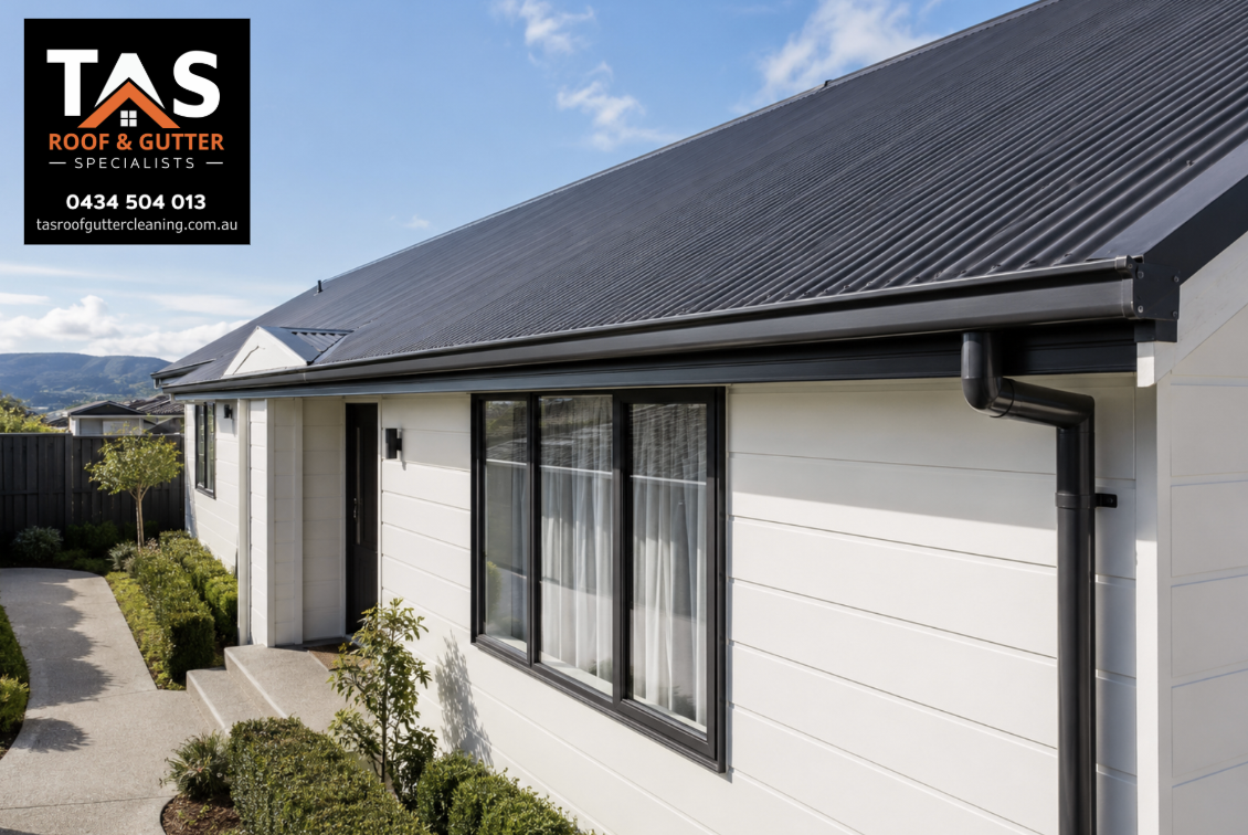 Clean metal roof, gutters and downpipe after professional gutter maintenance in Margate