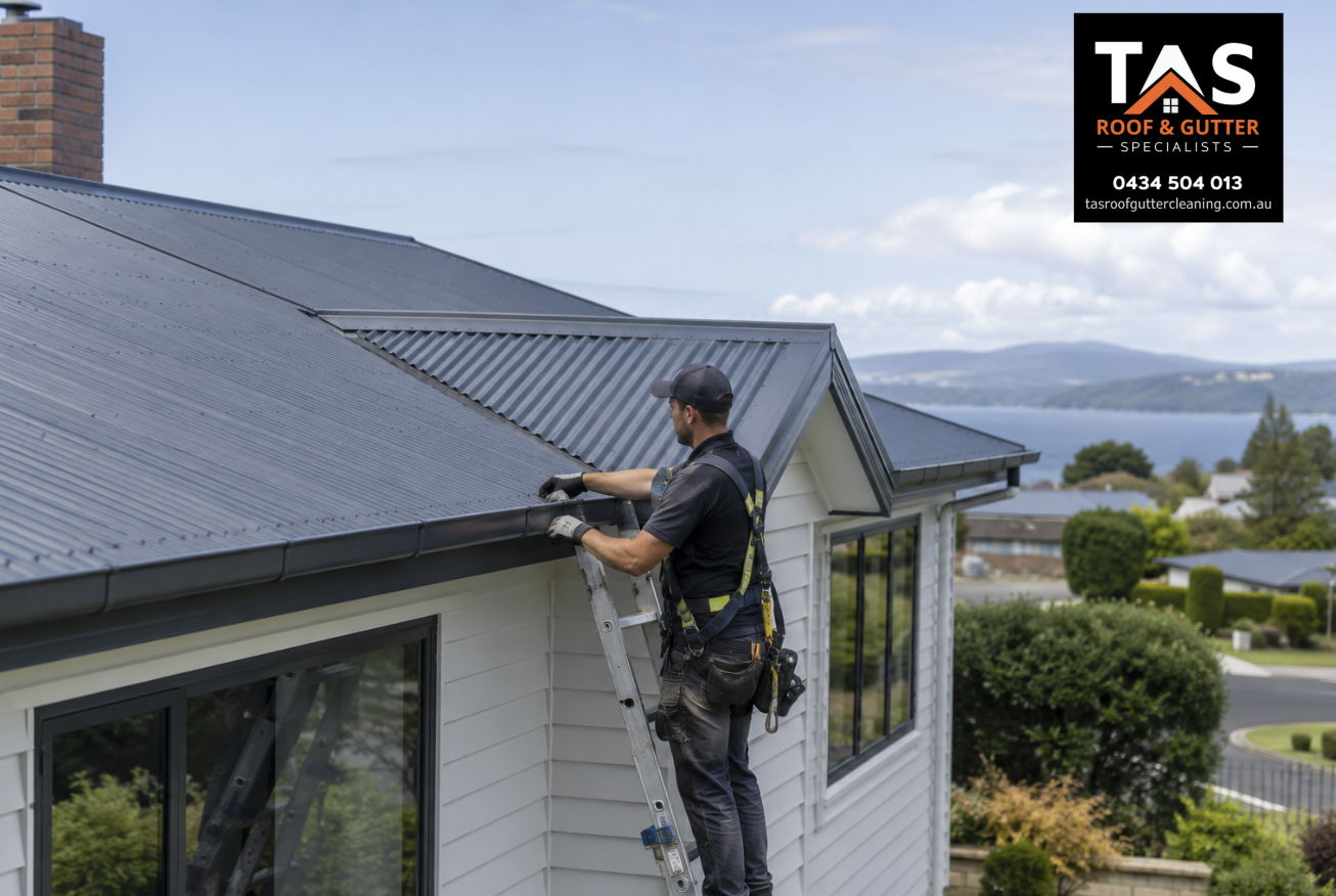Professional gutter specialist safely cleaning gutters on a Margate home