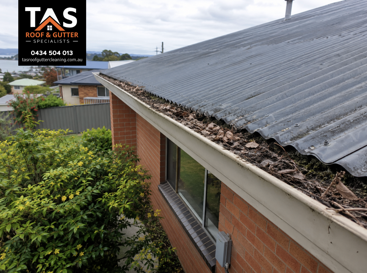 Residential roof gutter blocked with leaves and debris on a Devonport home
