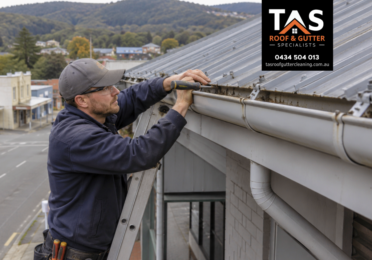 Commercial gutter repair in New Norfolk with technician fixing gutter brackets and roofline drainage