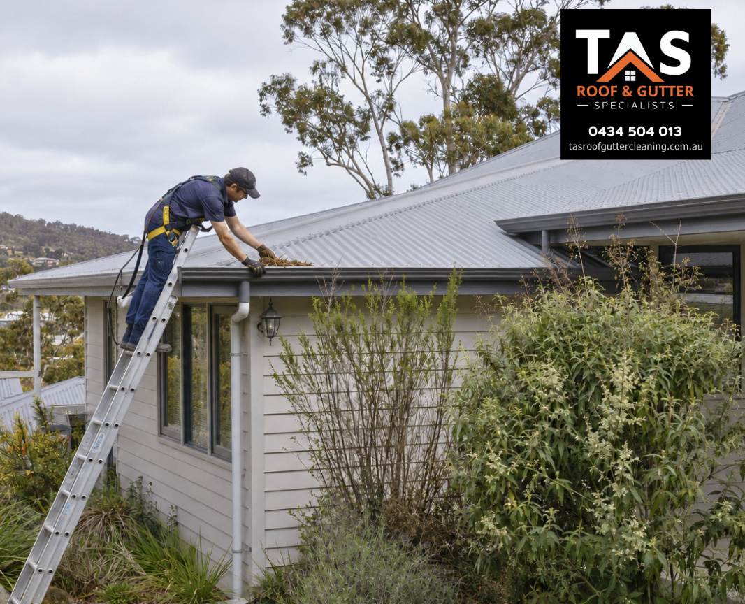 Professional cleaning leaves from the eaves gutter of a single-storey home in Hobart.