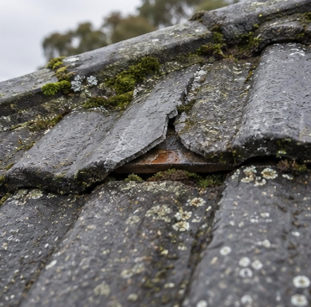 Cracked and damaged roof tiles with moss growth identified as a possible source of a roof leak in Kingston.