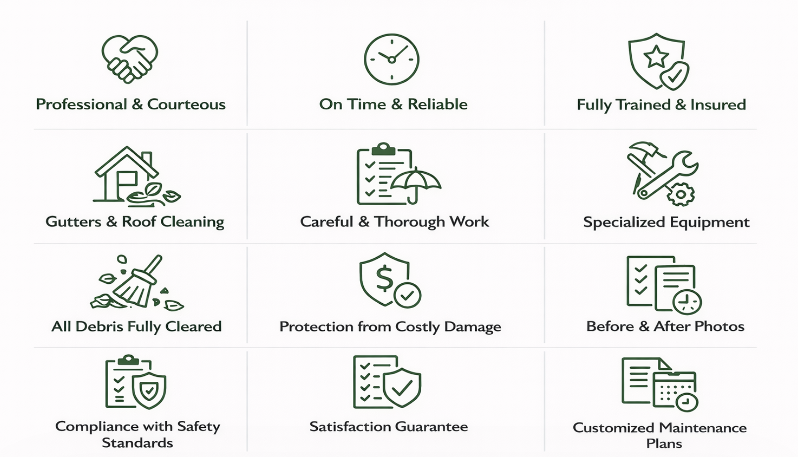 Grid of icons and text describing a service company's qualities: professional and courteous, on time and reliable, fully trained and insured, gutters and roof cleaning, careful and thorough work, specialized equipment, all debris fully cleared, protection from costly damage, before and after photos, compliance with safety standards, satisfaction guarantee, customized maintenance plans.