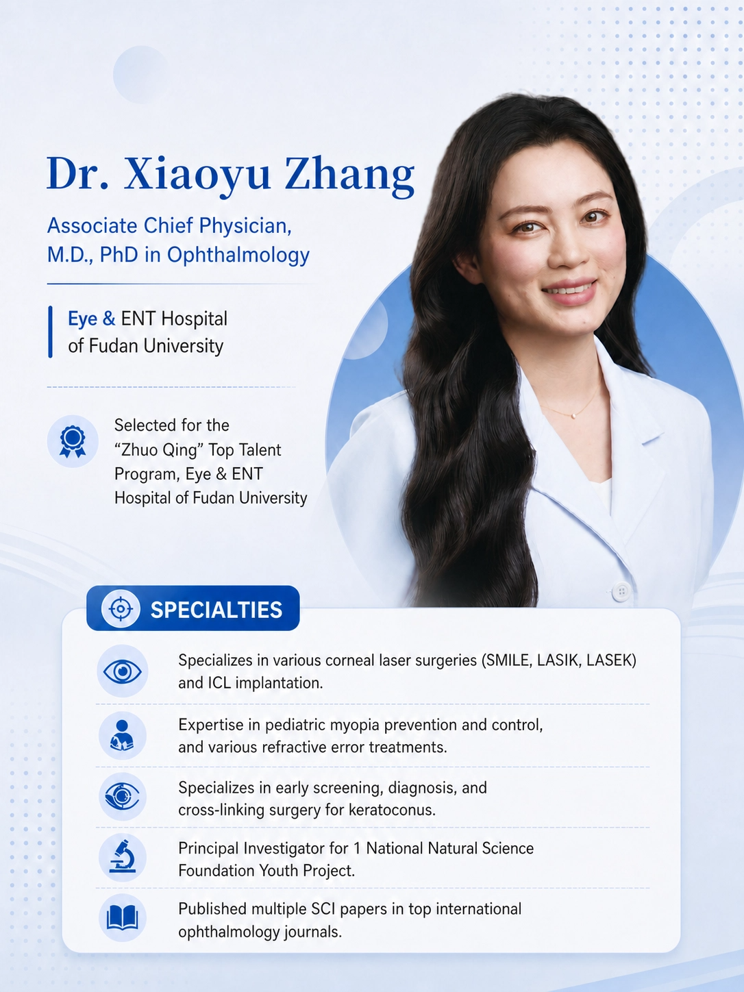 Professional profile of Dr. Xiaoyu Zhang, an associate chief physician and ophthalmologist at Fudan University's Eye & ENT Hospital, featuring her photo, credentials, specializations, and achievements.