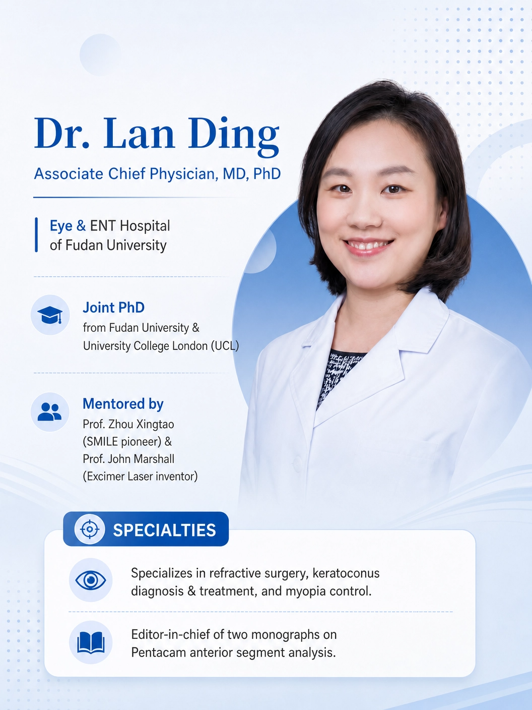 A professional profile poster featuring Dr. Lan Ding, an associate chief physician with expertise in eye and ENT medicine. The poster includes her credentials, affiliations with Fudan University and University College London, her mentors Prof. Zhou Xingtao and Prof. John Marshall, her specialties in refractive surgery, keratoconus, and myopia control, and her role as editor-in-chief of monographs on Pentacam anterior segment analysis. It has a professional portrait of Dr. Ding smiling in a white coat on the right side.